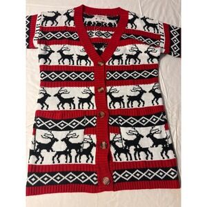 V28 Christmas Cardigan Womens Medium Red Reindeer Fair Isle Longline Excellent